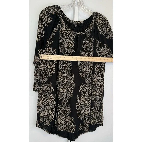Lucky Brand Women’s 1X Black Beige Floral Boho Peasant Tunic Top Blouse - Picture 5 of 12